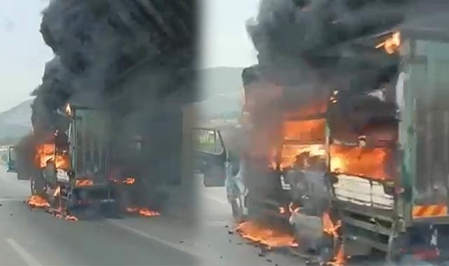 Seyir halindeki kamyonet alev alev yandı