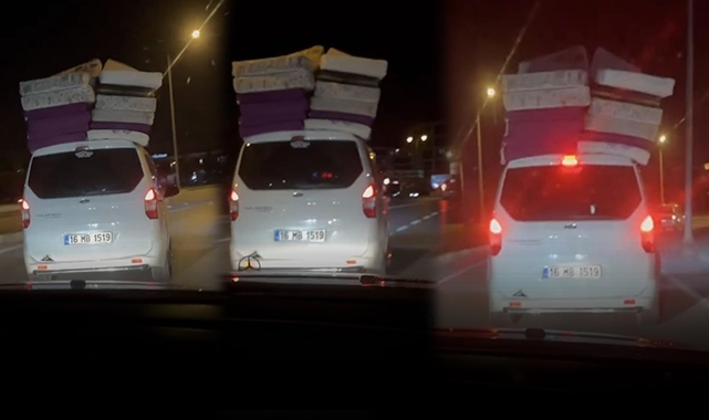 Aracının üzerine yatakları dizdi, trafikte tehlike saçtı
