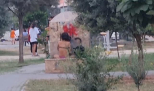 Parktaki çeşmede, iç çamaşırlarıyla banyo yaptı
