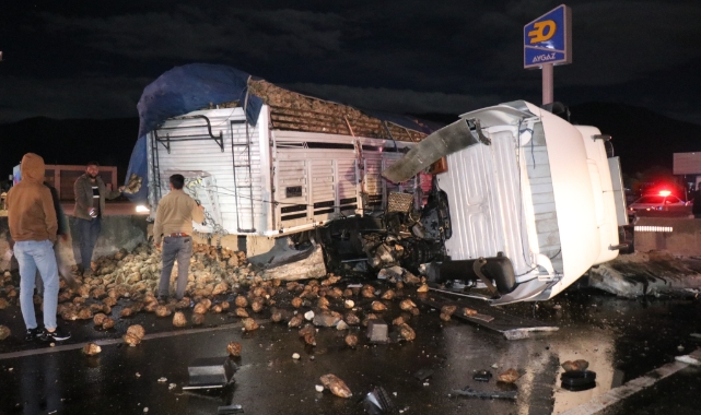 Tekeri patlayan TIR karşı şeride geçti
