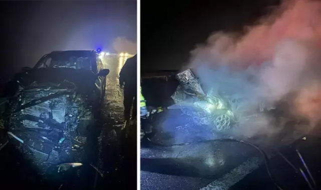 Bursa'da 2 otomobil çarpıştı! Otomobilin biri alev alev yandı