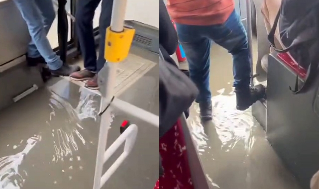 Şehrin göbeğinde otobüsü su bastı!