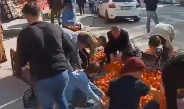 Bursa’da kamyonetten dökülen mandalinalar için herkes seferber oldu
