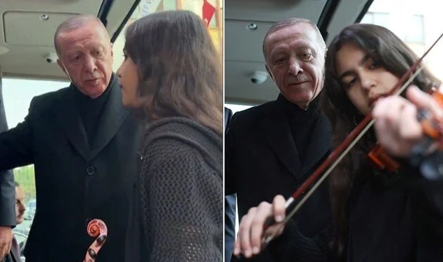 Cumhurbaşkanı Erdoğan keman çalan öğrenciye eşlik etti