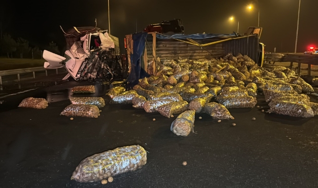 Patates yüklü kamyon devrildi