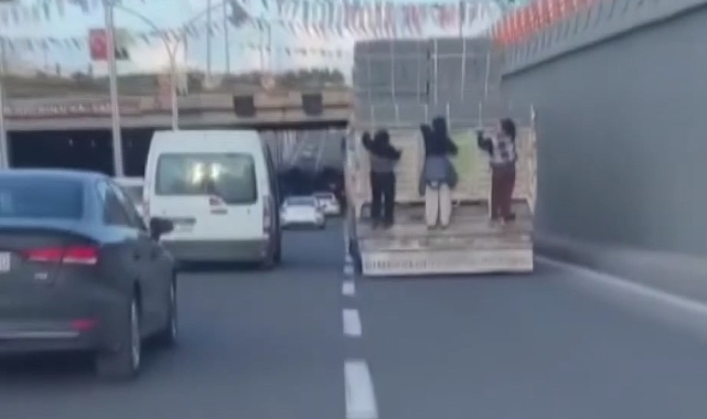 3 kız çocuğunun TIR arkasında tehlikeli yolculuğu