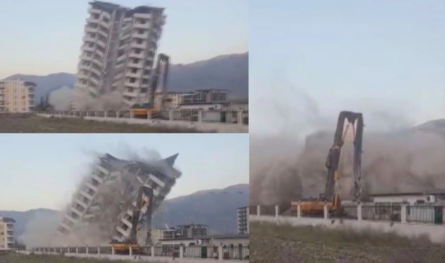 Halatla çekilen 11 katlı binanın kağıt gibi yerle bir oldu!