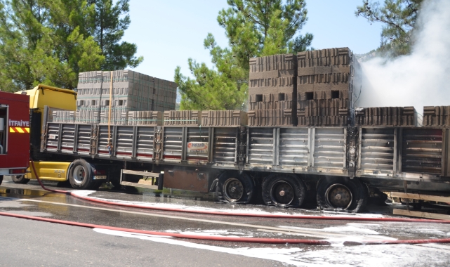 Briket yüklü TIR alev aldı