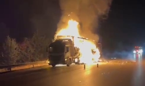 Bursa'da kargo yüklü TIR, alev alev yandı
