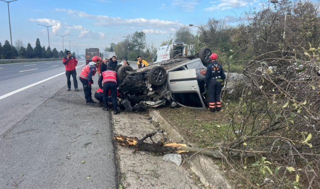 Otoyolda kontrolden çıkan araç 3 ağacı biçti