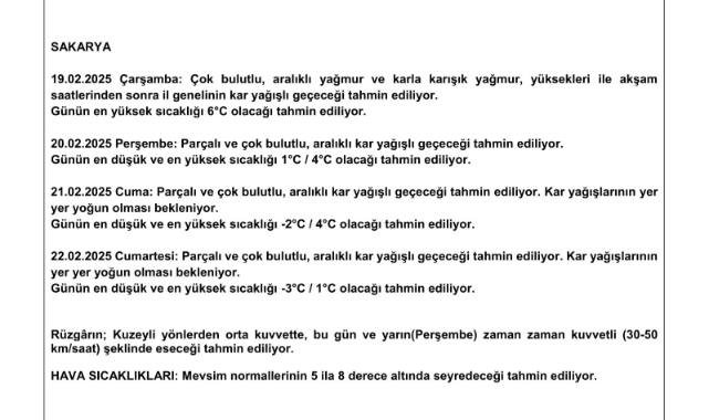 Sakarya'da soğuk ve yağışlı hava uyarısı