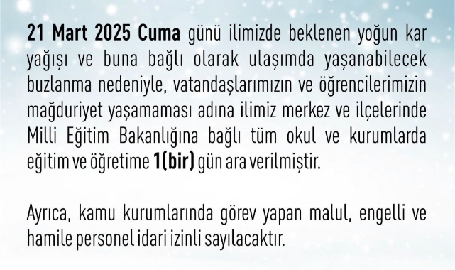 Elazığ’da eğitime 1 gün kar tatili