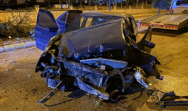 Otomobil refüje çarparak 3 ağacı devirdi