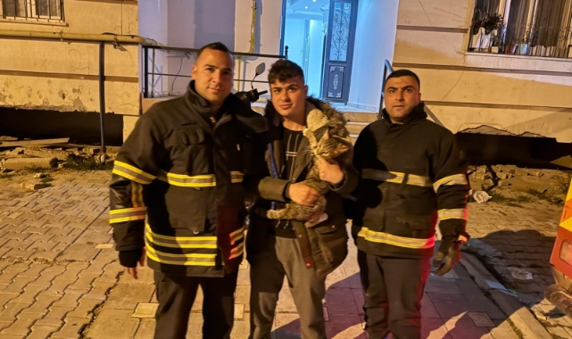 Balkonda mahsur kalan kediyi itfaiye kurtardı