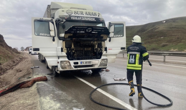 Erzurum’da seyir halindeki tırda yangın!