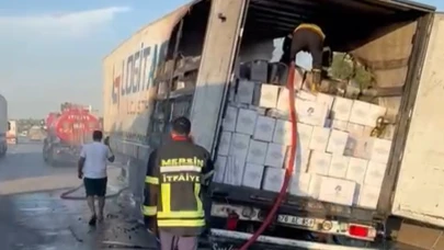 Otoyolda kaju yüklü tırda yangın