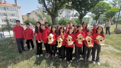 Hisarcık’ta minik öğrenciler ağaçlara kuş yuvası astı