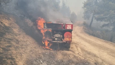 Orman yangınında arazöz de alev aldı