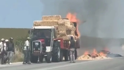 Balya yüklü römorkta yangın çıktı! Tarım arazileri de yandı