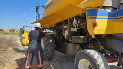 Çorum'da tarlada çalışan biçerdöverde yangın