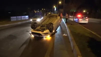 Refüje çarparak ters dönen araçtan burnu kanamadan çıktı