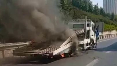 TEM Otoyolu’nda çekici yandı, sürücüler alevlerle boğuştu